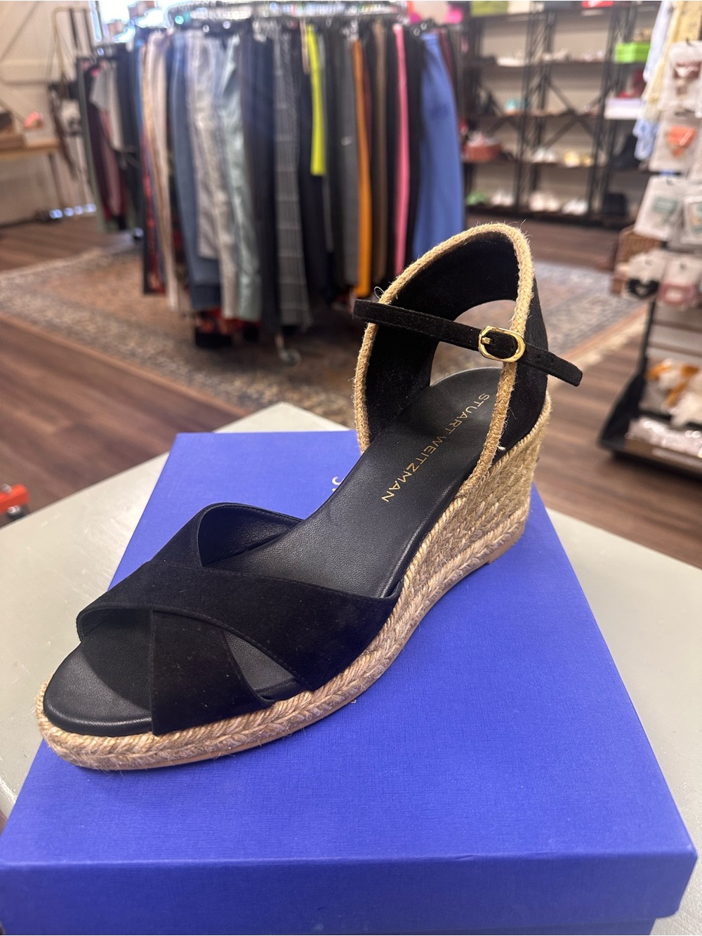 Stuart Weitzman Dayna Suede Espadrille Wedges black leather and jute size 10.5